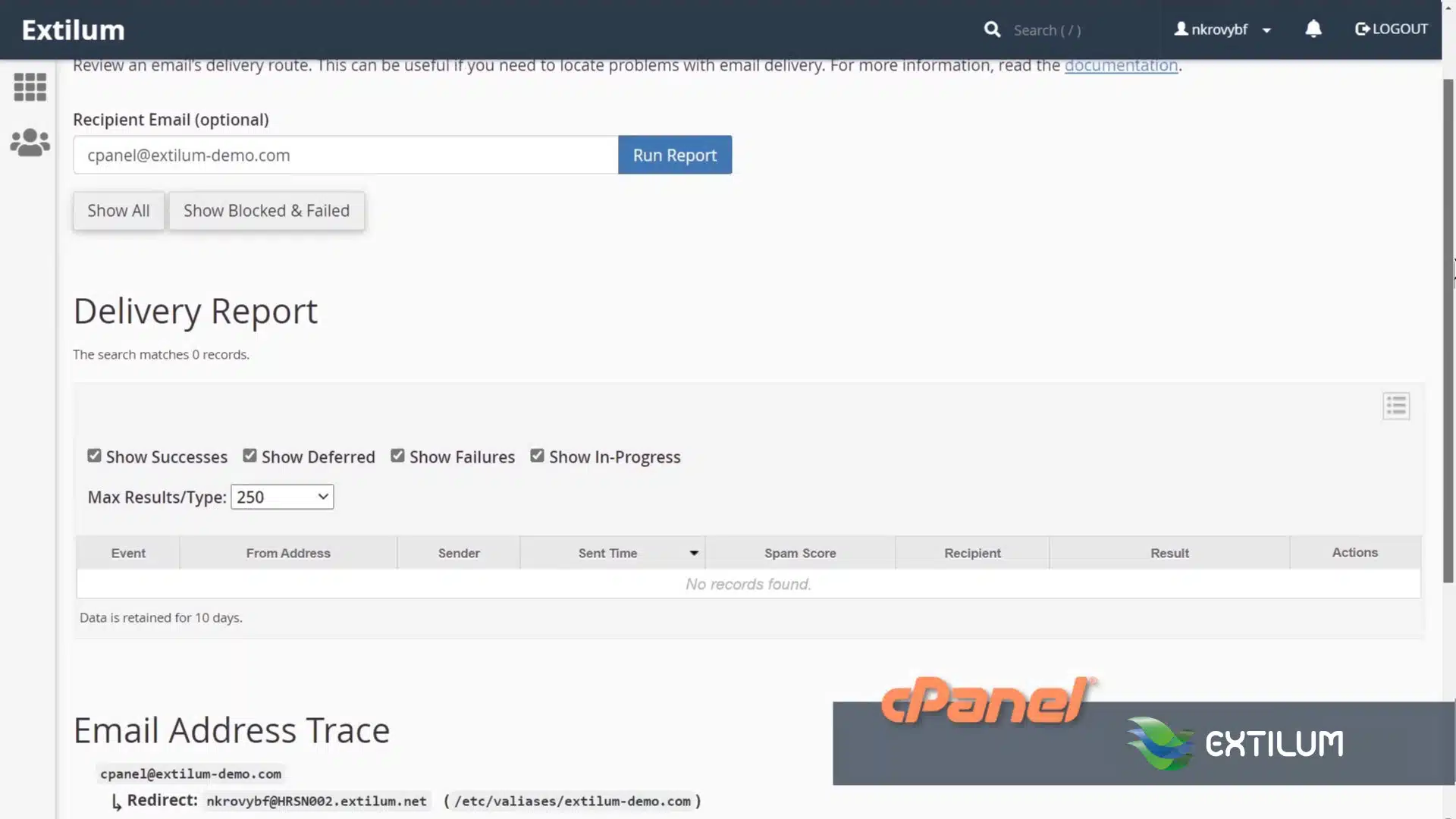Extilum cPanel - Email - Track Delivery
