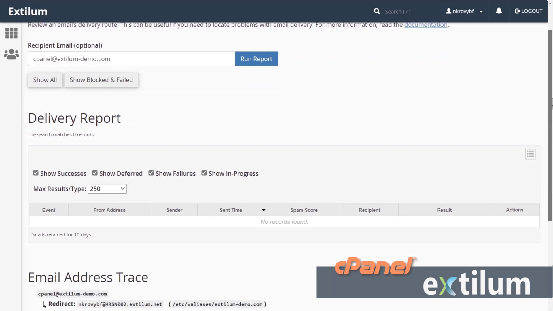 Extilum cPanel - Email - Track Delivery