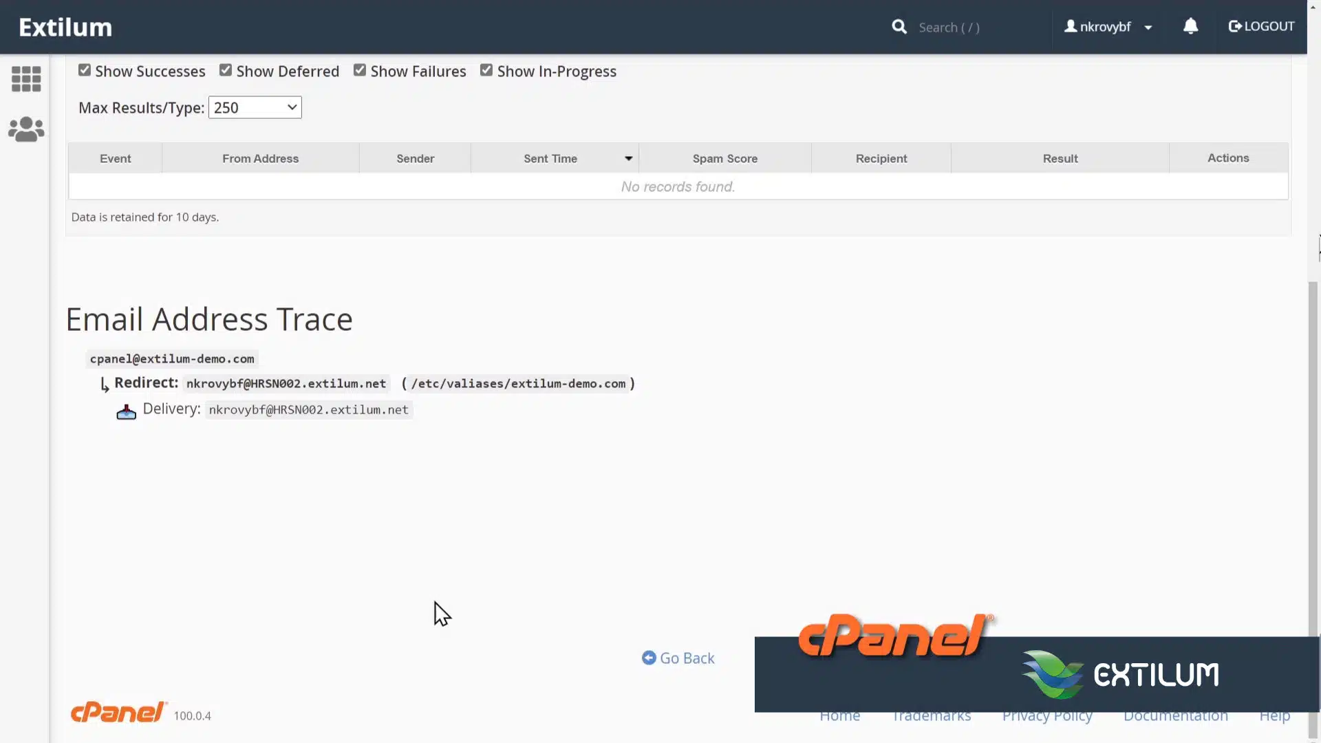 Extilum cPanel - Email - Track Delivery
