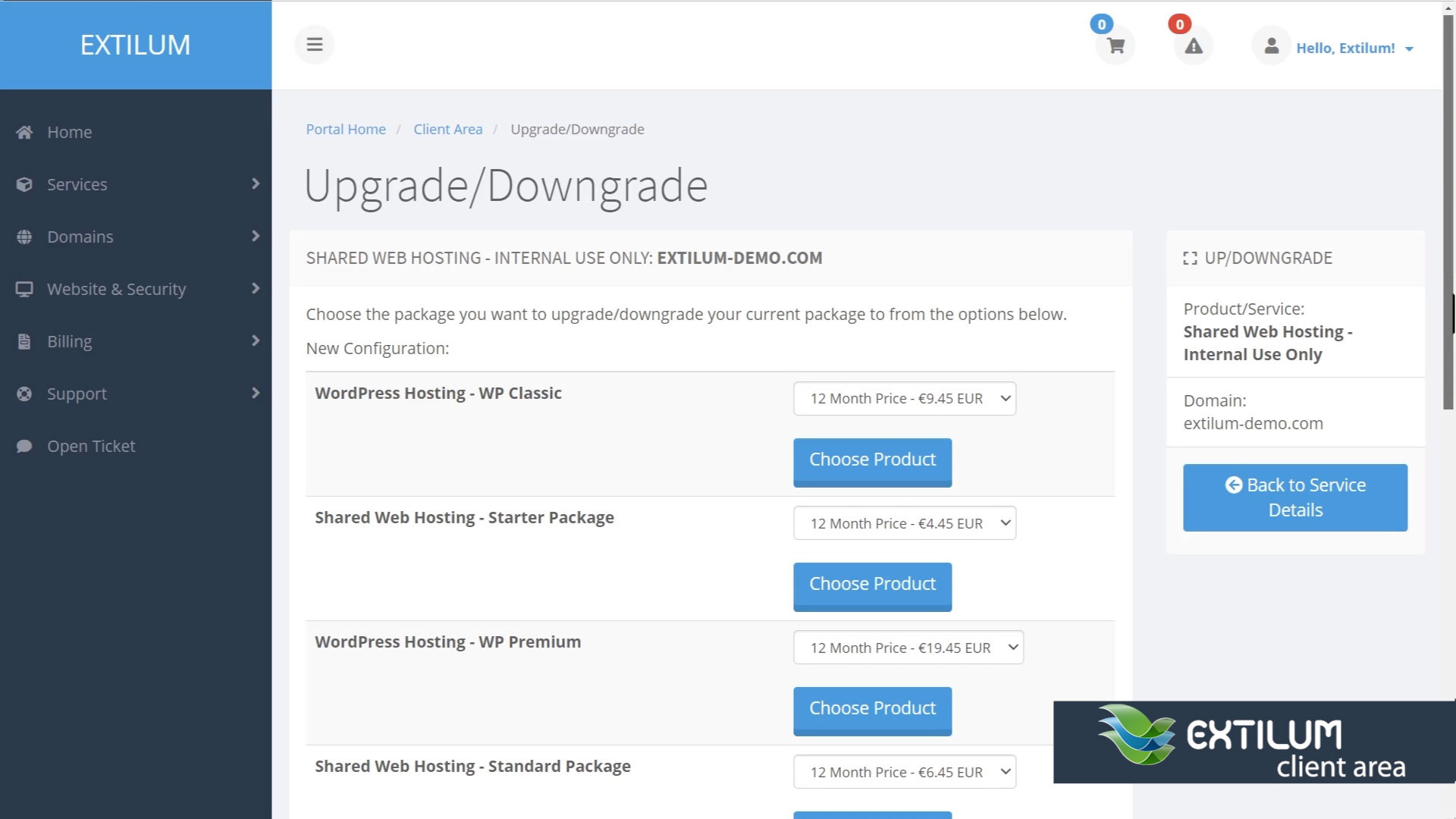 Extilum Client Area - Upgrade Downgrade