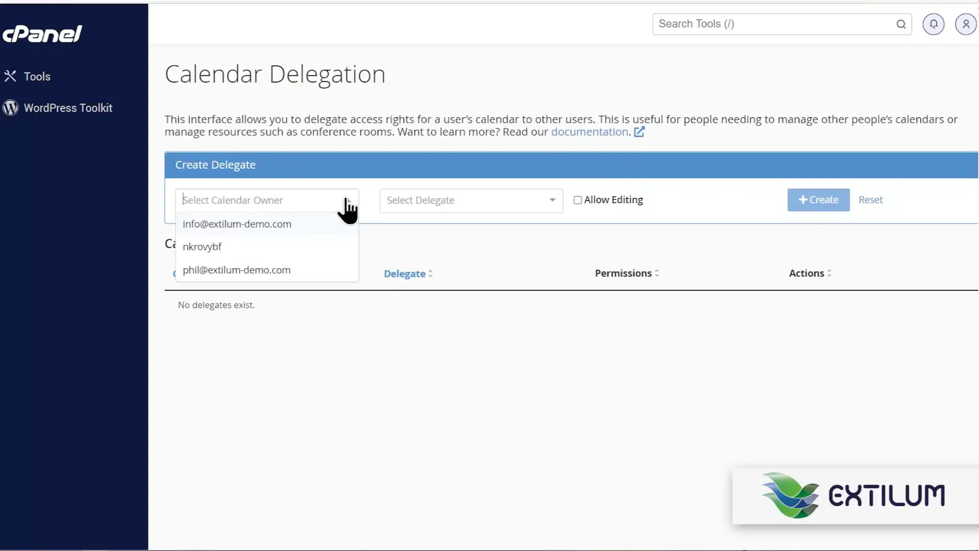 Extilum cPanel - Delegate Mail Calendar Access to Another User using cPanel