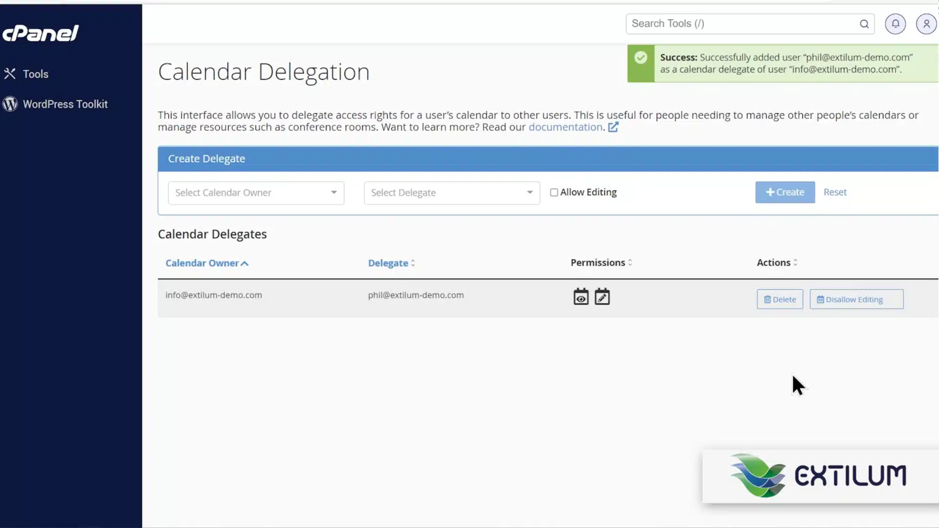 Extilum cPanel - Delegate Mail Calendar Access to Another User using cPanel
