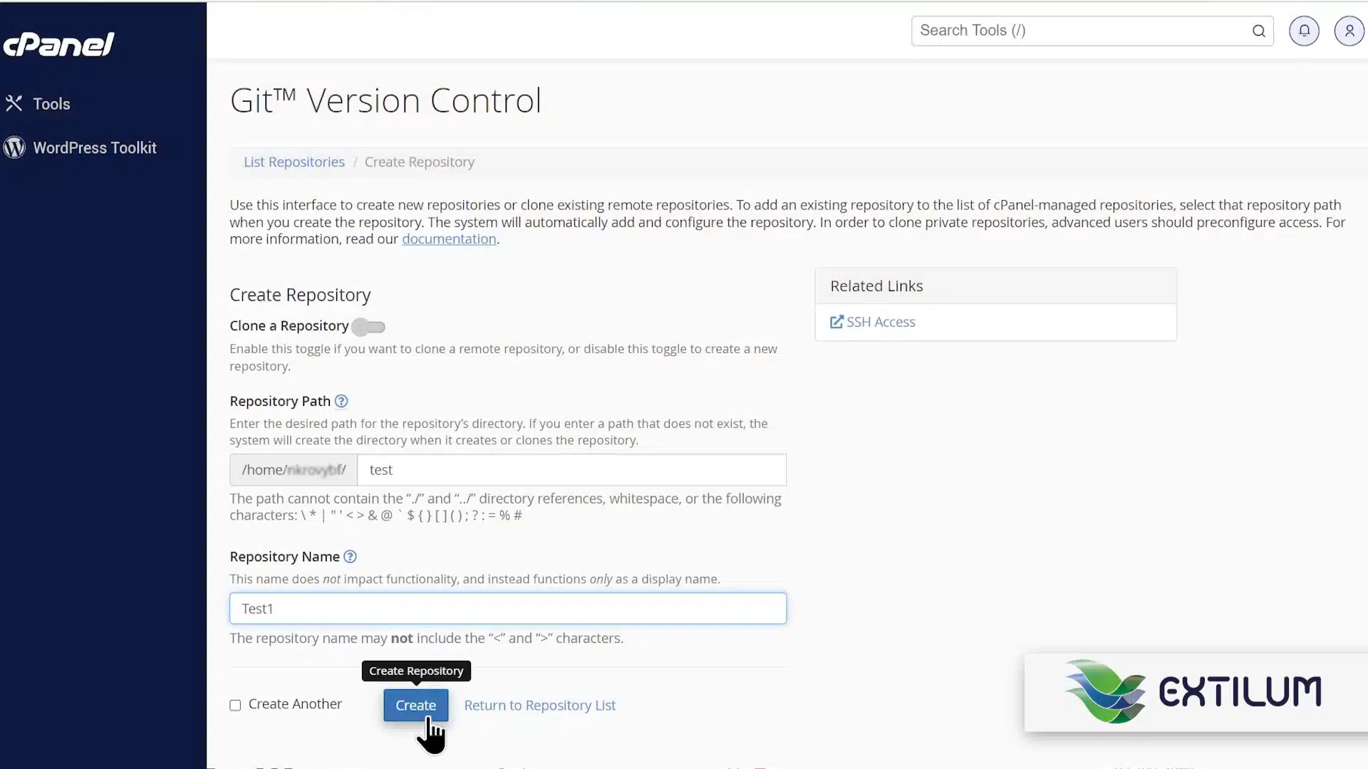 Extilum cPanel - Create a Git Repository using cPanel