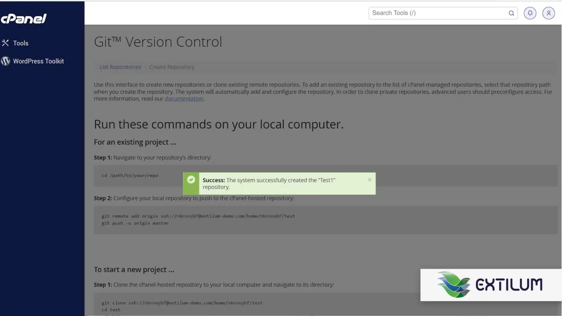 Extilum cPanel - Create a Git Repository