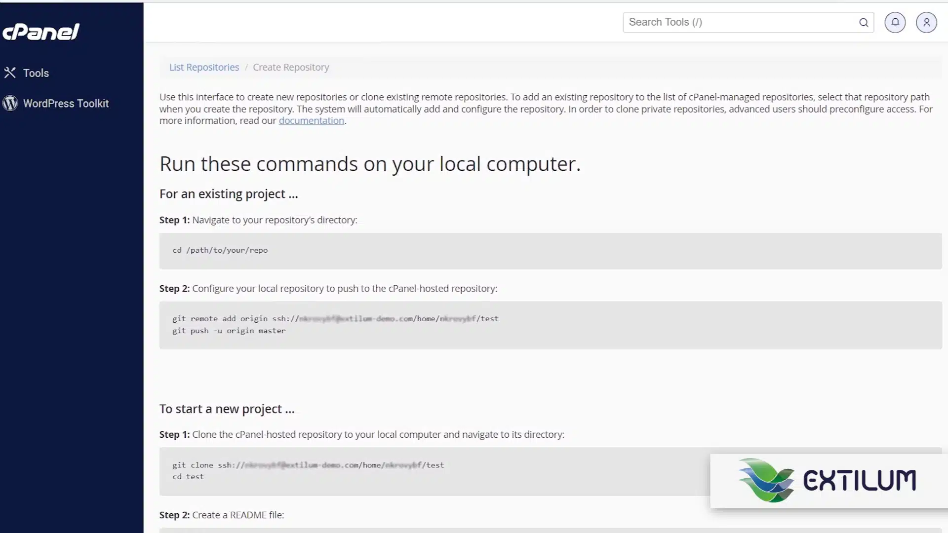 Extilum cPanel - Create a Git Repository