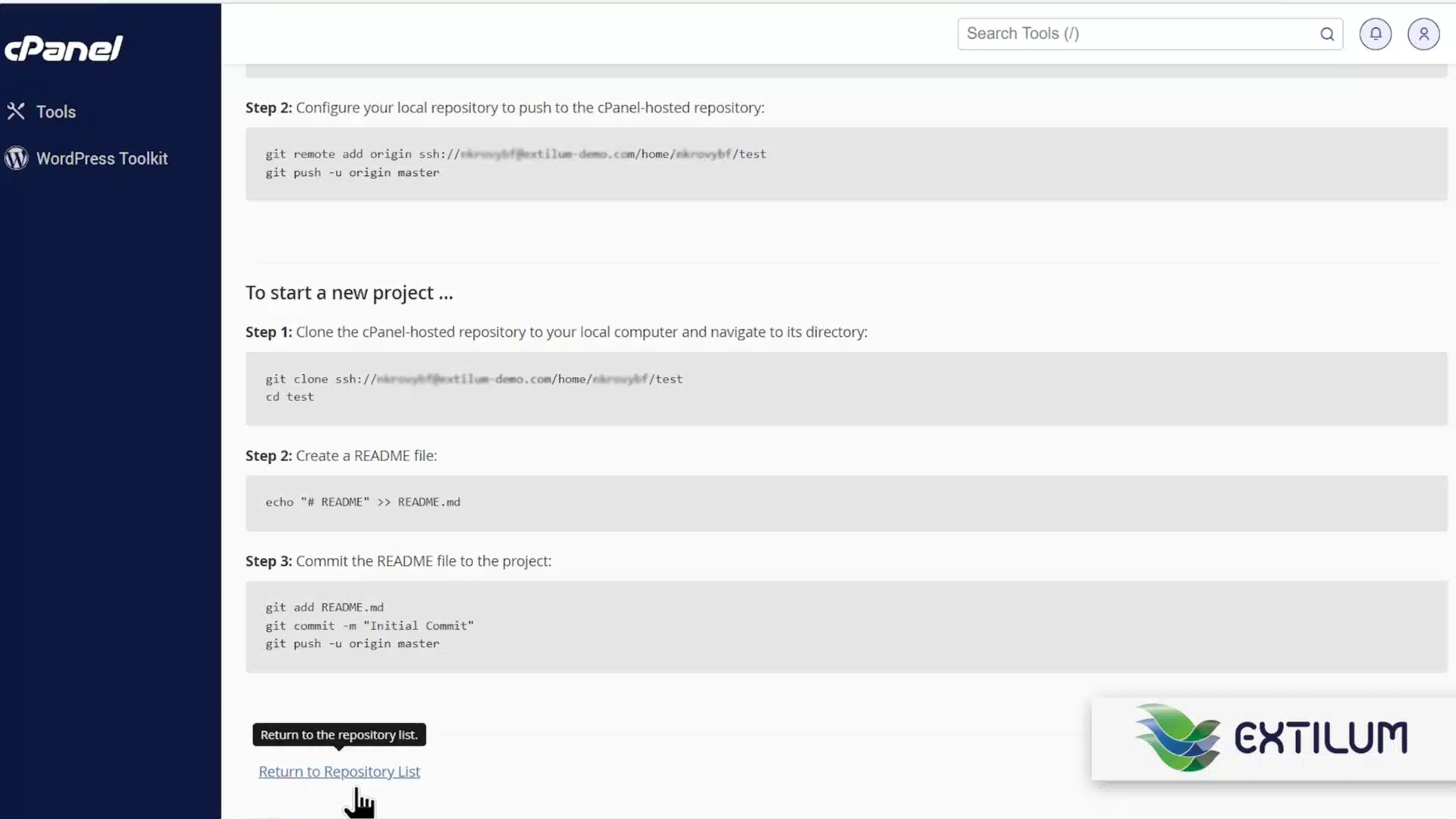 Extilum cPanel - Create a Git Repository