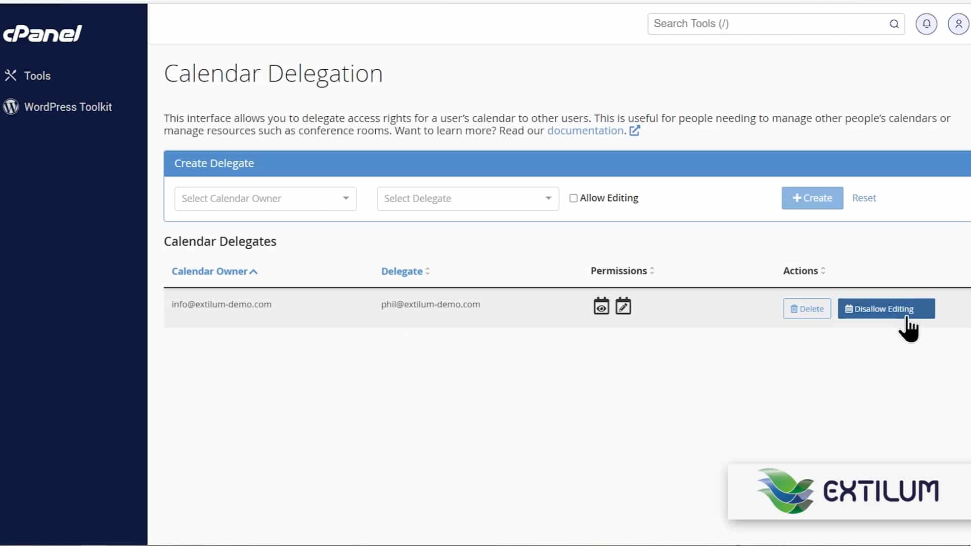 Extilum cPanel - Remove Email Calendar Delegation using cPanel