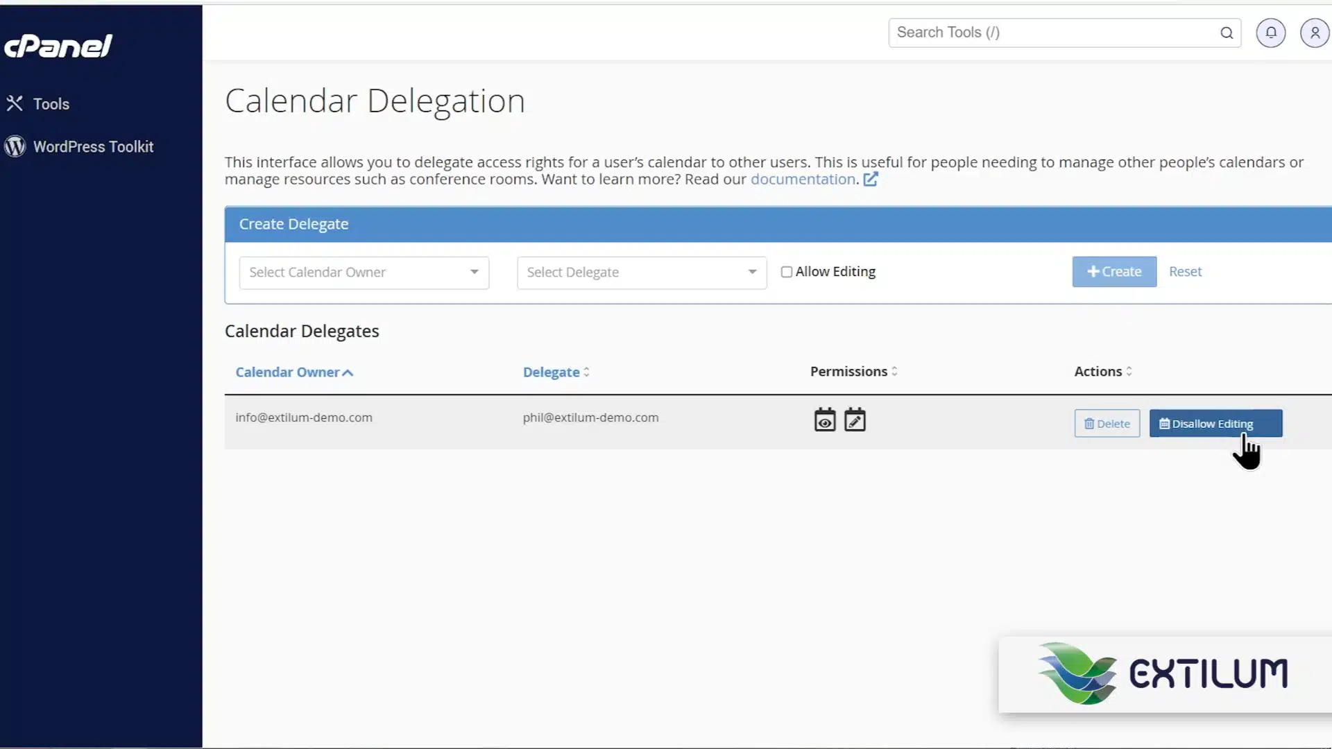 Extilum cPanel - Remove Email Calendar Delegation using cPanel