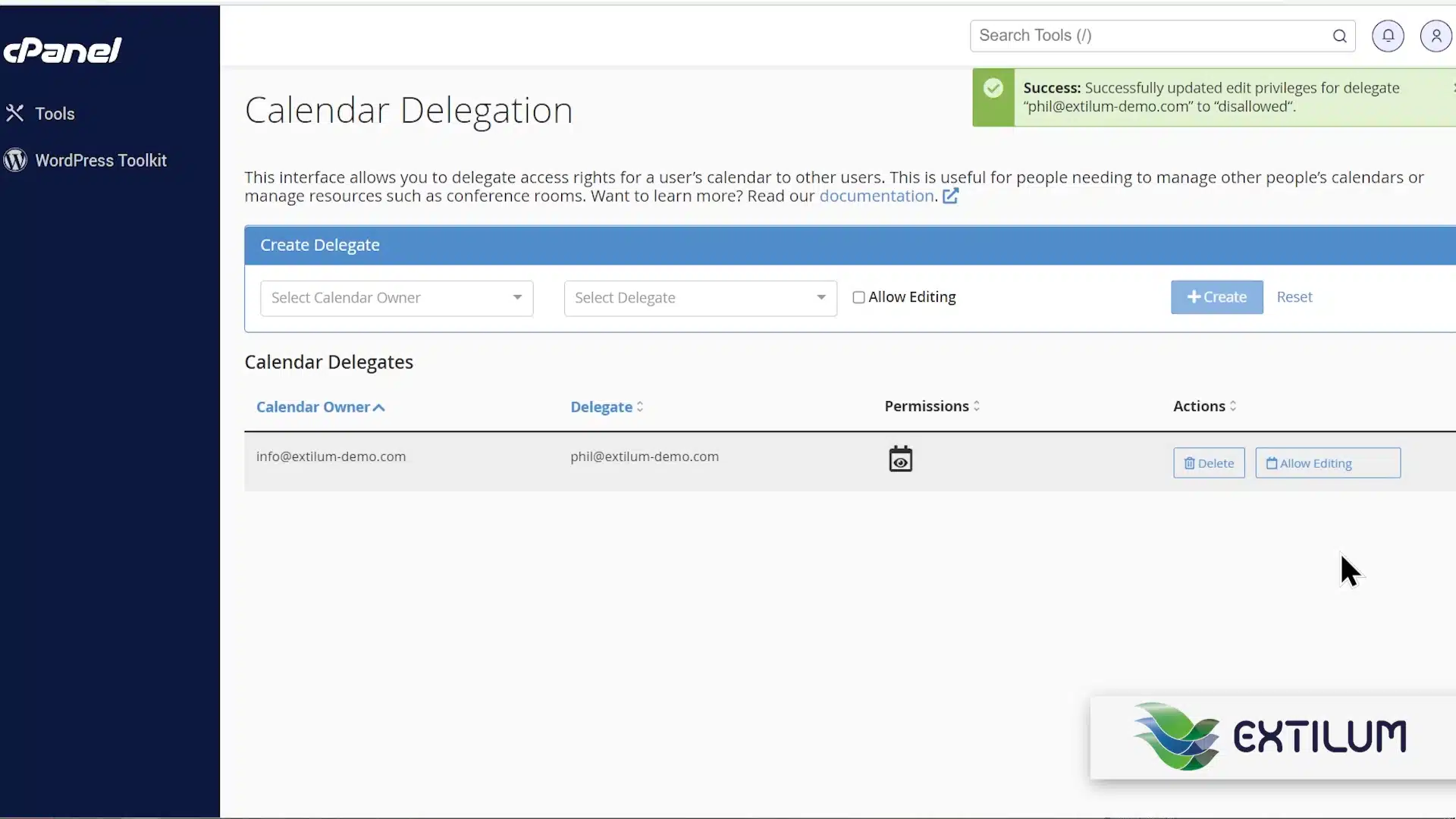 Extilum cPanel - Remove Email Calendar Delegation using cPanel