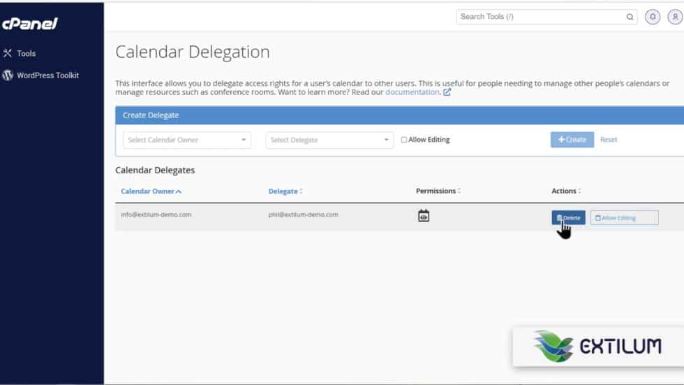 Remove Email Calendar Delegation using cPanel