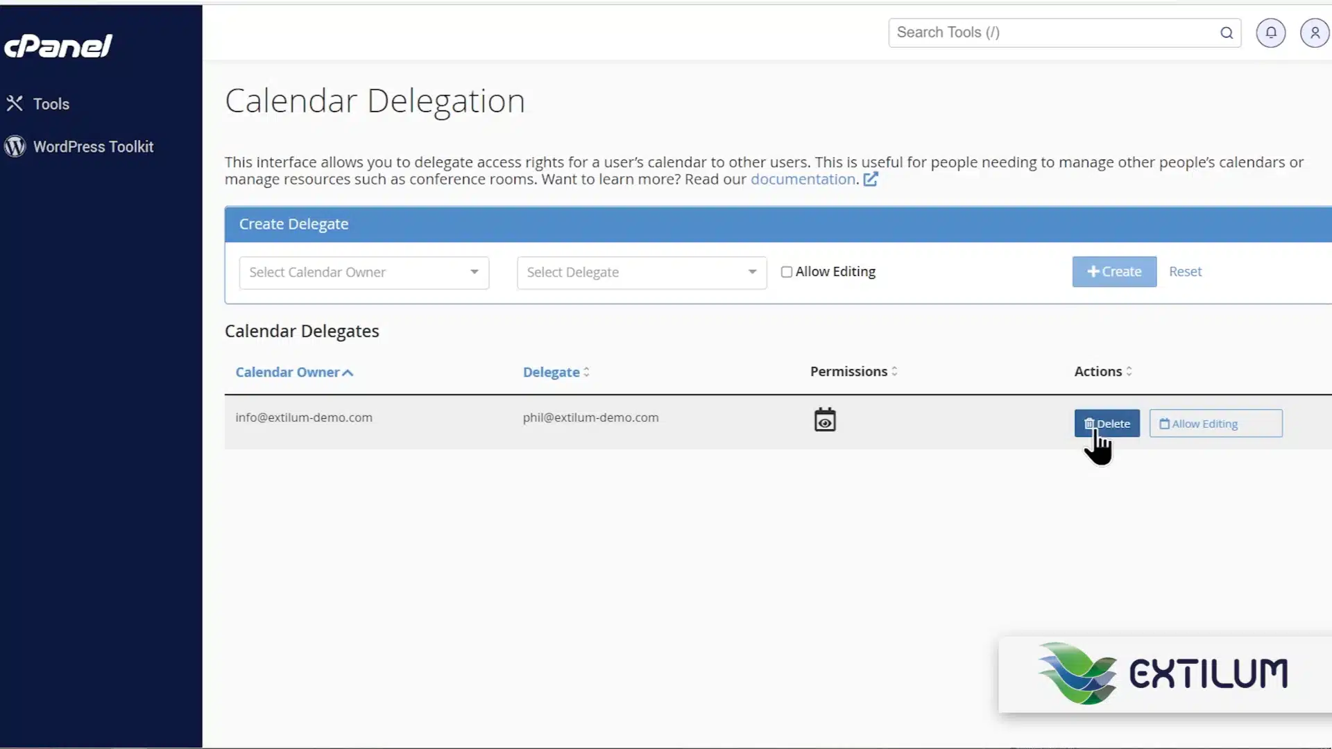 Extilum cPanel - Remove Email Calendar Delegation using cPanel