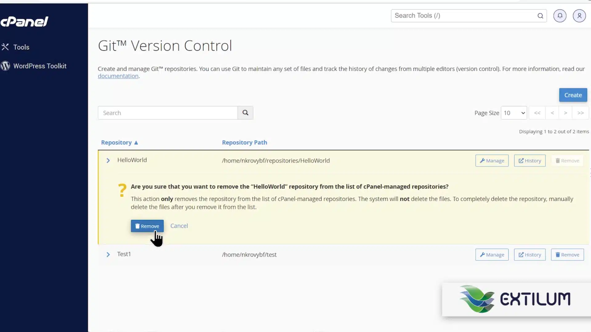 Extilum cPanel - Delete a Git Repository
