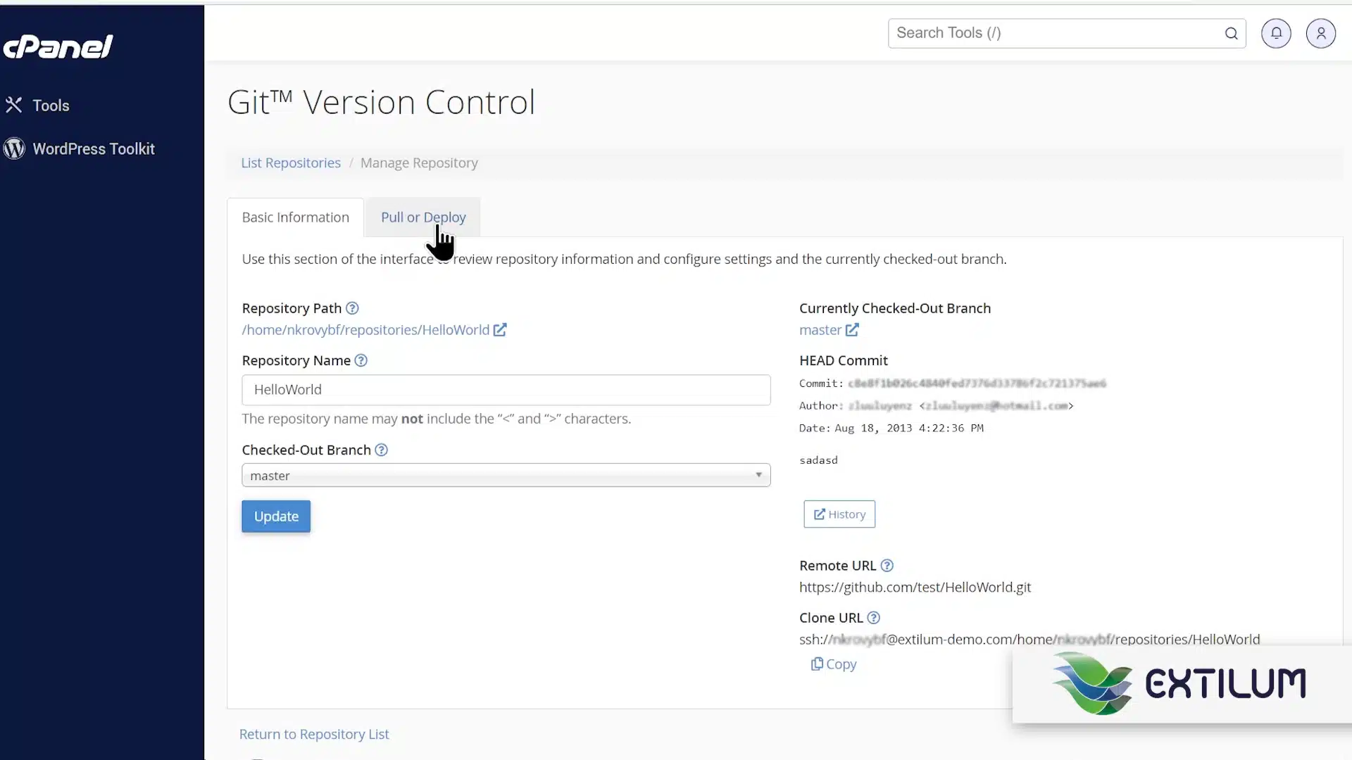 Extilum cPanel - Update or Deploy a Git Repository using cPanel
