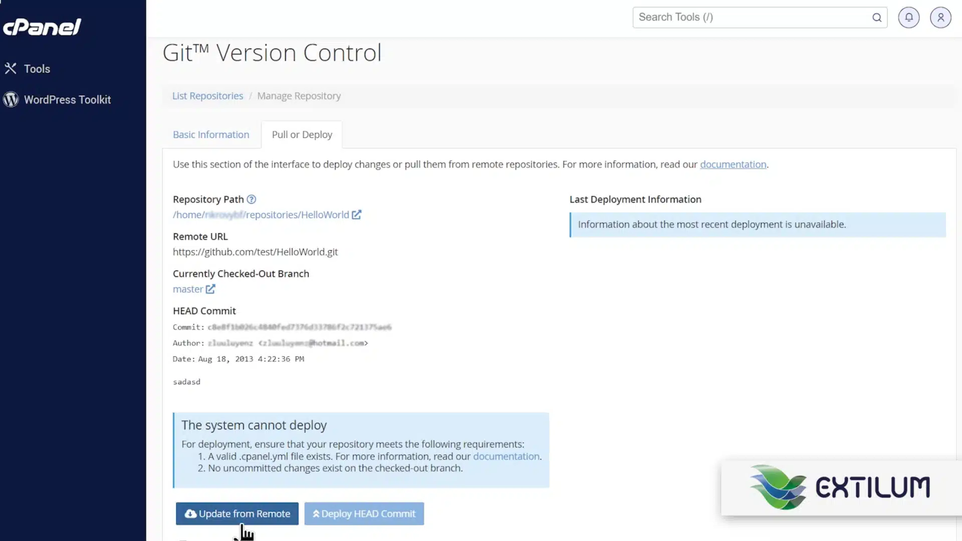 Extilum cPanel - Update or Deploy a Git Repository using cPanel