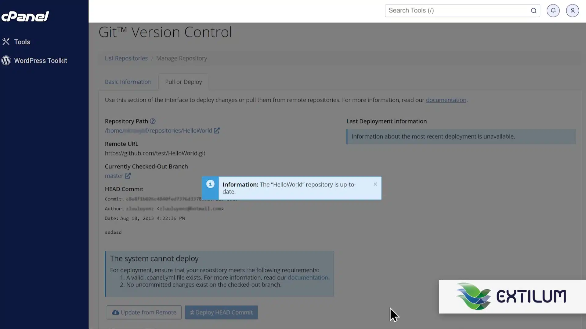 Extilum cPanel - Update or Deploy a Git Repository using cPanel
