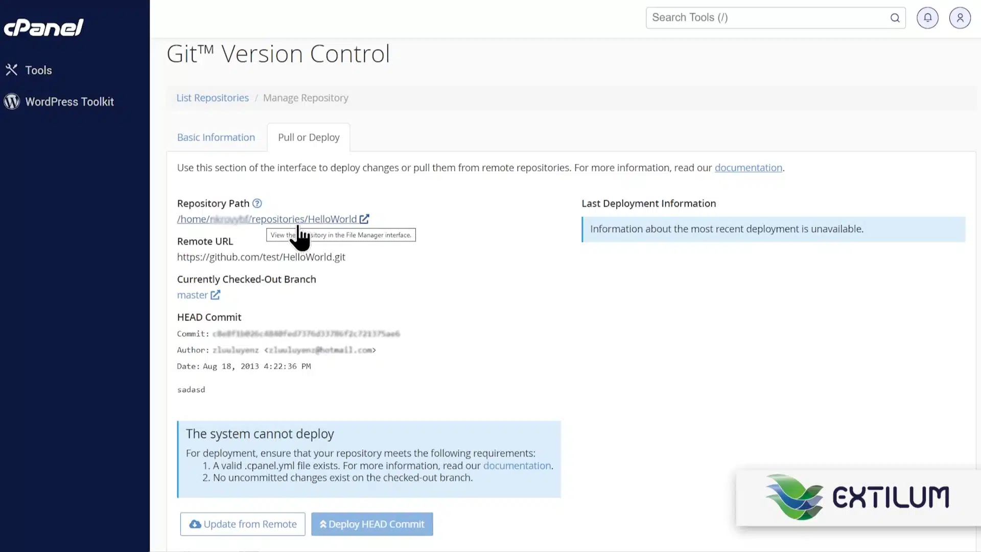 Extilum cPanel - Update or Deploy a Git Repository using cPanel