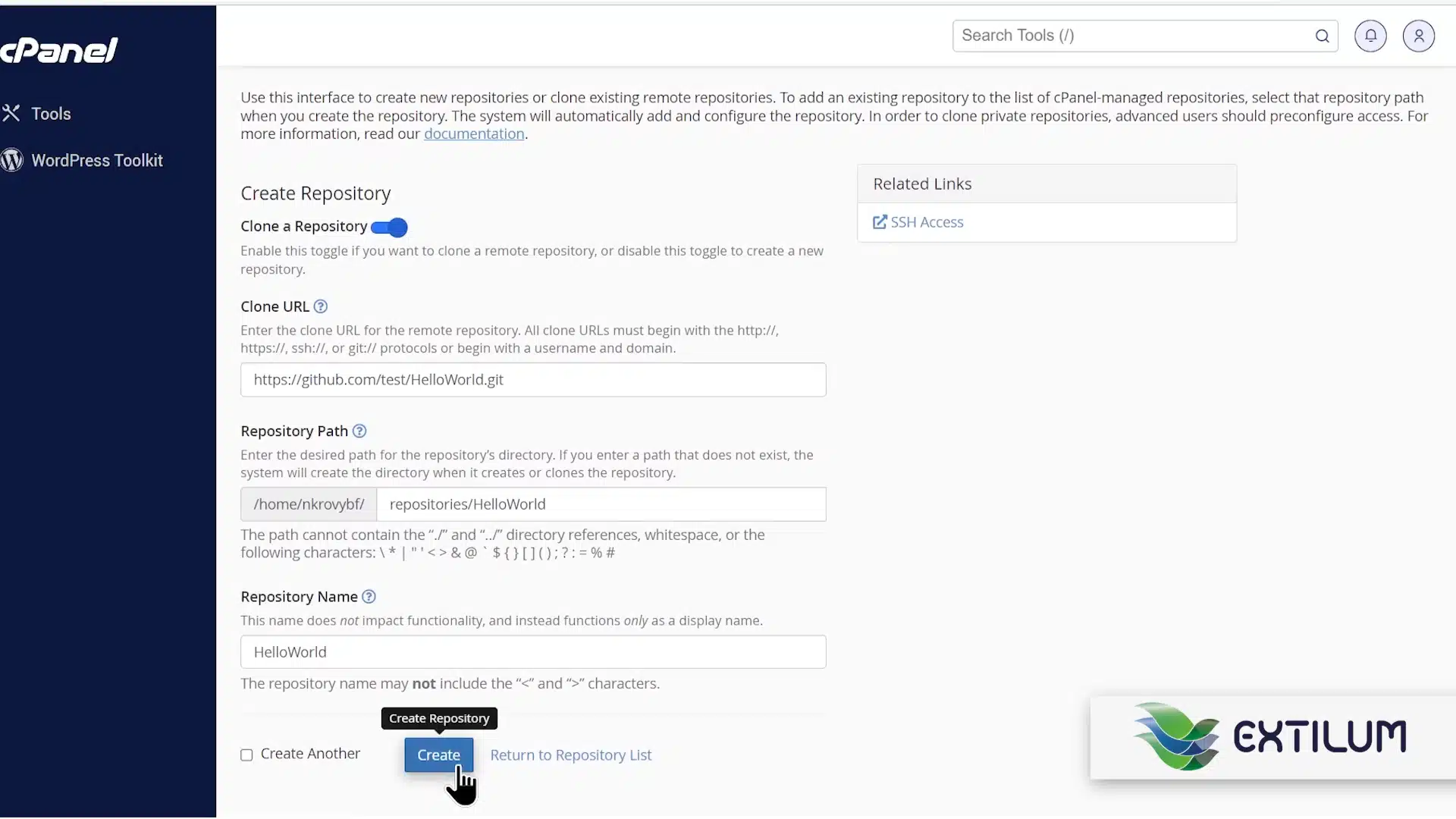 Extilum cPanel - Clone a Remote Git Repository